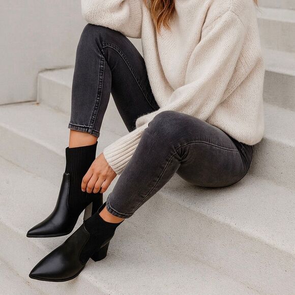 Wild Pair Trinity Pointed-Toe Pull-on Knit Dress Booties Black Smooth Size 7 New - Picture 3 of 7